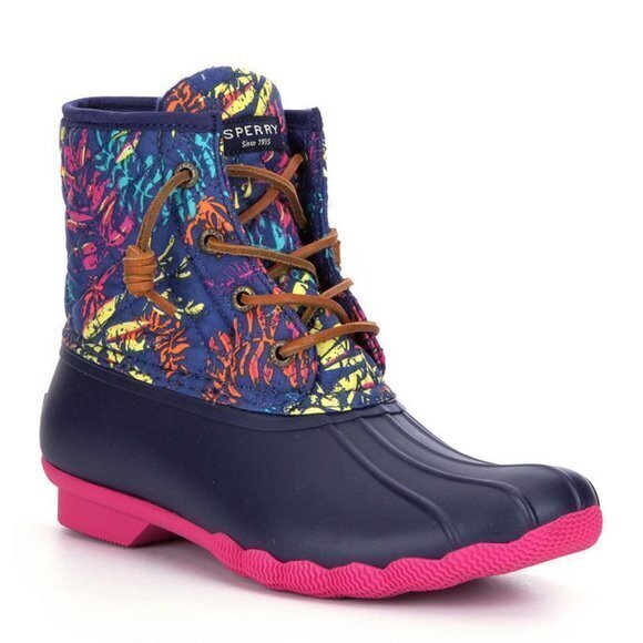 Sperry Womens Saltwater Fabric Cap Toe Ankle Rainboots Leaf‎ Neon Print Size 8 - Picture 1 of 8